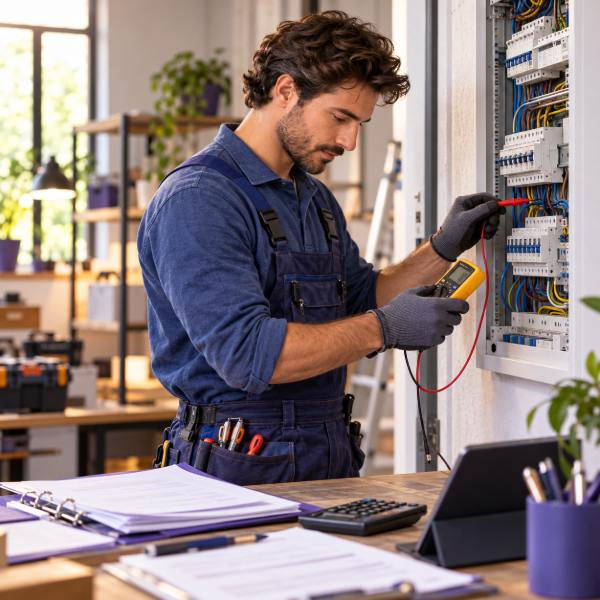 Elettricista al lavoro su un quadro elettrico dopo l’apertura della partita IVA