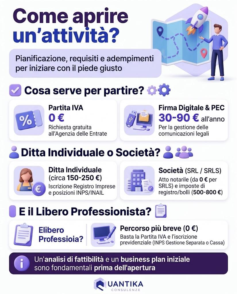 Infografica: come aprire un’attività, cosa serve e costi per ditta individuale, società e libero professionista