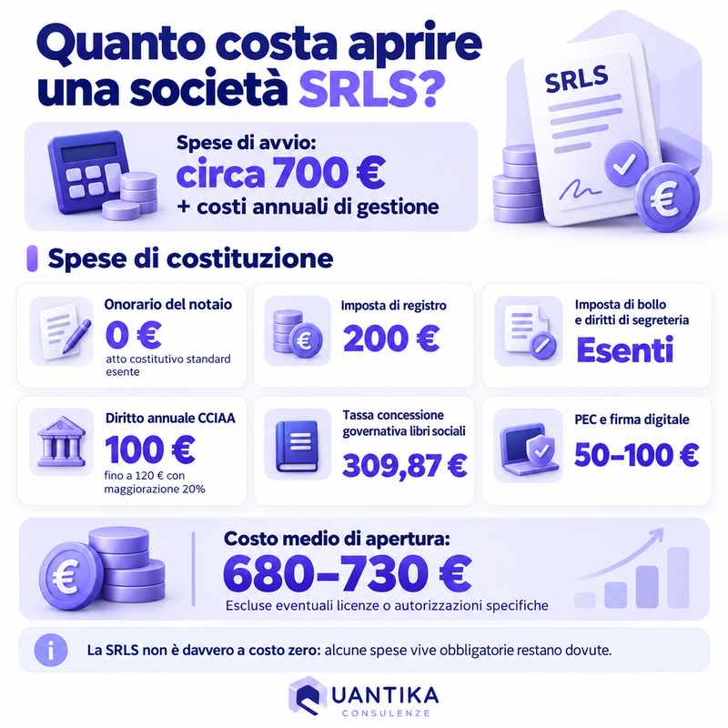 Infografica: quanto costa aprire una società SRLS, spese di costituzione e costo medio di apertura